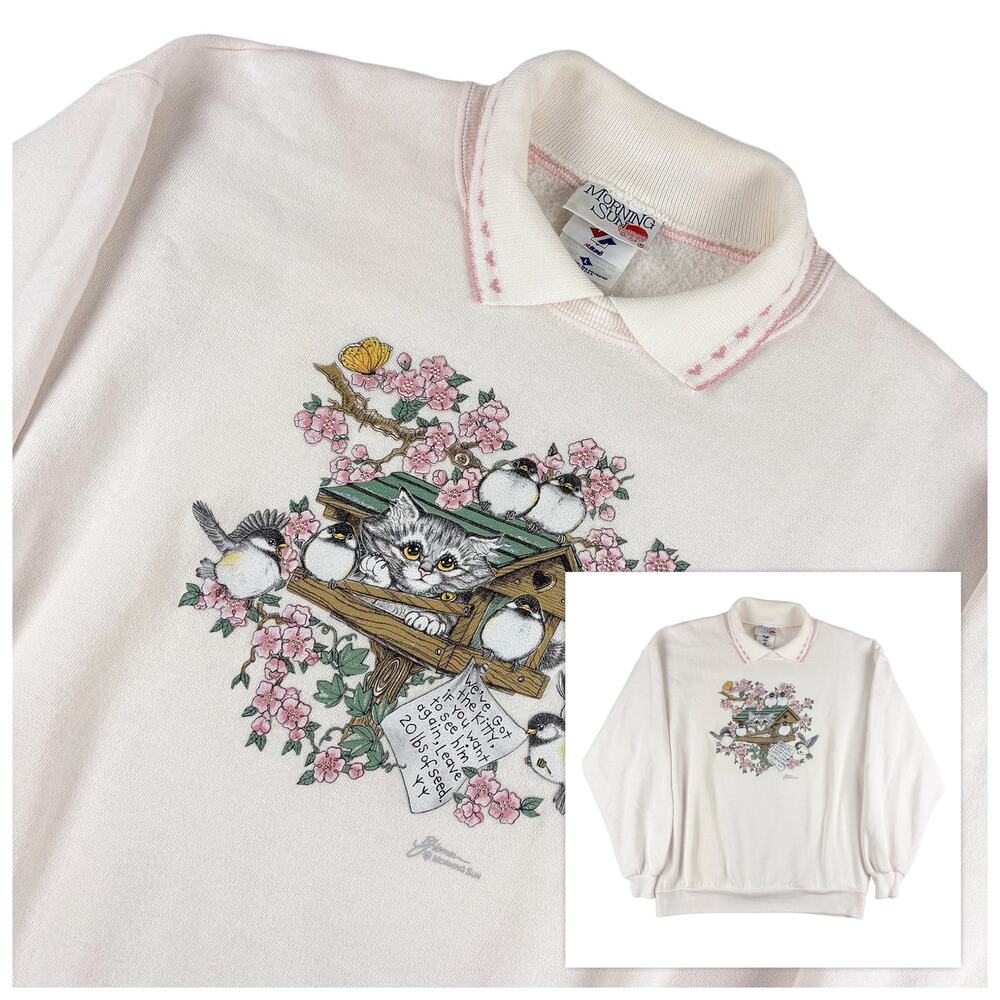 Morning Sun VTG 90s Collared Cat Sweatshirt Womens L Bird Cottage Grannycore USA